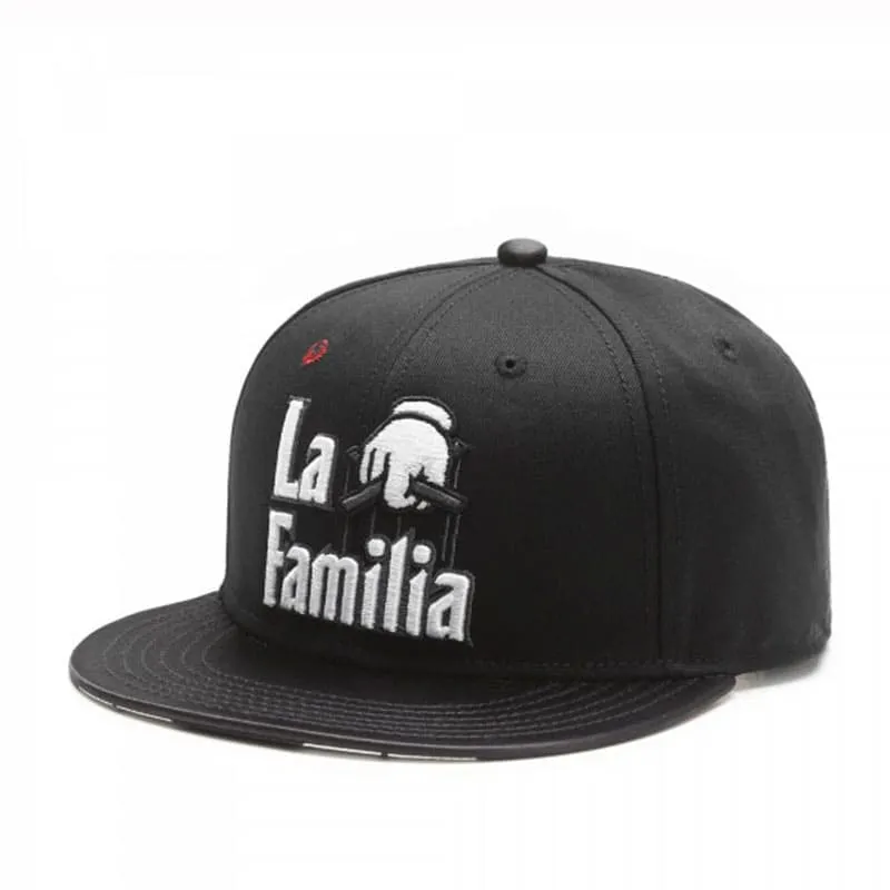 La Familia Black Snapback Cap stylish boater hat with ribbon on model