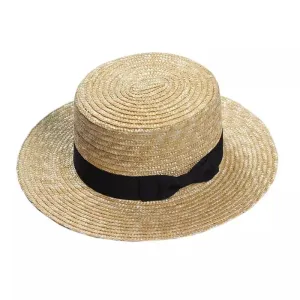 Laforgue Summer Khaki Straw Boater Hat boater hat with bow in beach sunlight