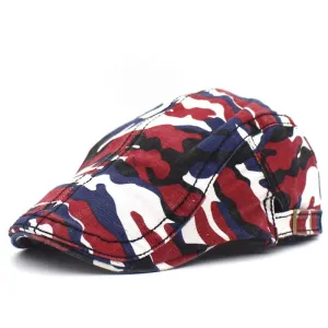 Lamarck Camouflage Flat Cap boater hat with bow in beach sunlight