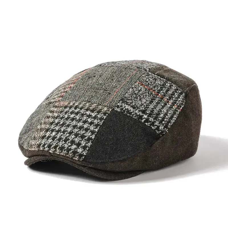 Lancashire Patchwork Flat Cap boater hat with bow in beach sunlight