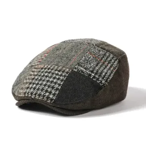Lancashire Patchwork Flat Cap boater hat with bow in beach sunlight