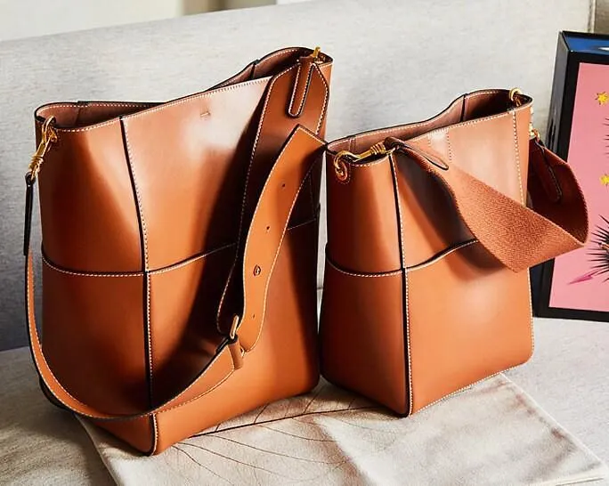 Large Genuine Leather Bucket Bag, Minimalist Classic Leather Tote Bag, Fashion Designer Shoulder Bag Wide Two Straps, Gift For Her bucket bags for sale
