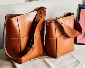 Large Genuine Leather Bucket Bag, Minimalist Classic Leather Tote Bag, Fashion Designer Shoulder Bag Wide Two Straps, Gift For Her bucket bags for sale