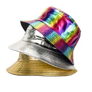 Laser Glitter Reversible Bucket Hat stylish boater hat with ribbon on model
