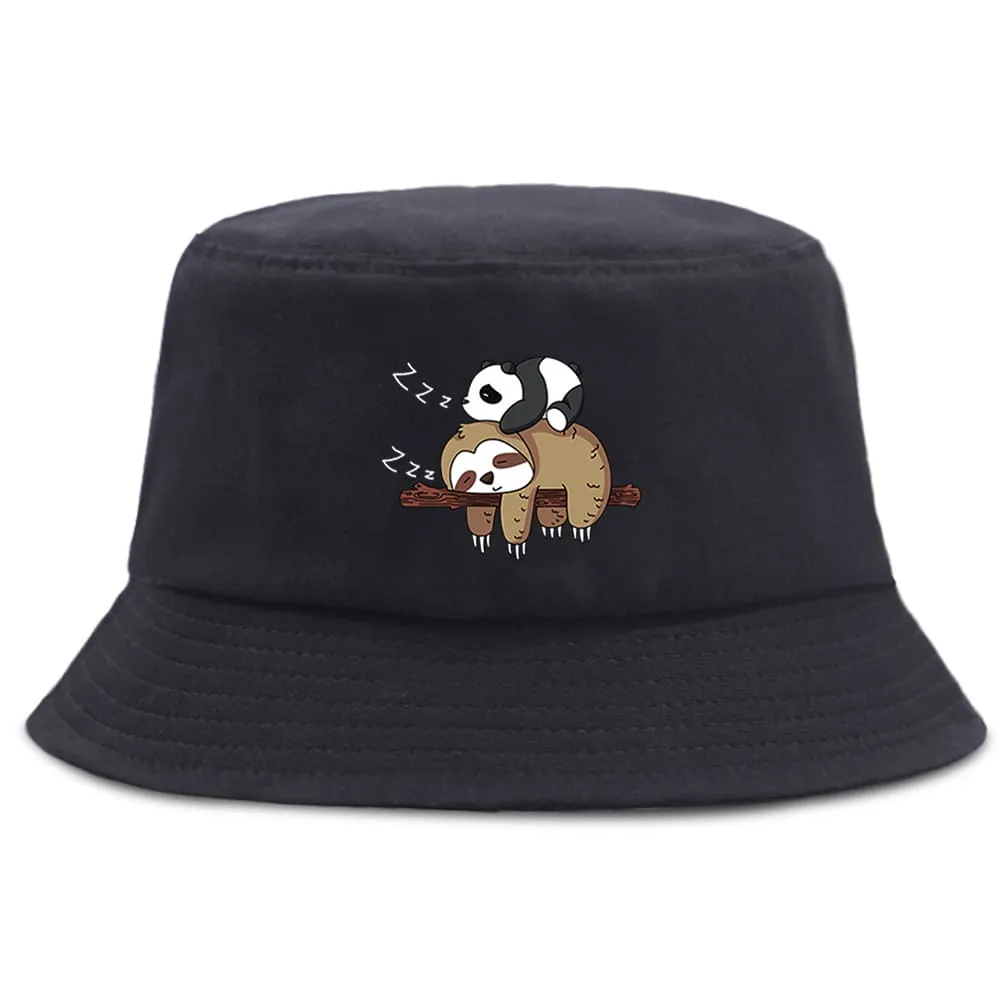 Lazy Panda & Sloth Bucket Hat stylish boater hat with ribbon on model