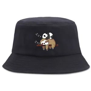 Lazy Panda & Sloth Bucket Hat stylish boater hat with ribbon on model