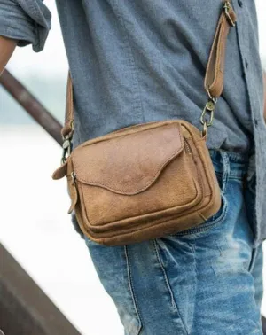 Leather Belt Pouch Phone Case Mens Waist Bag Shoulder Bag for Men Camel