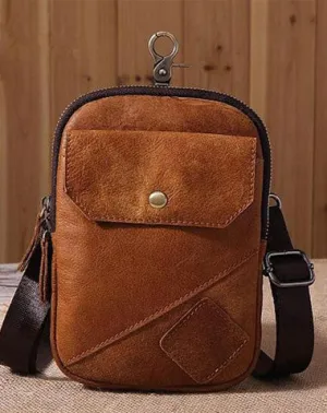 Leather Mens Belt Pouch Cell Phone Holster Waist Bag Shoulder Bag for Men Brown