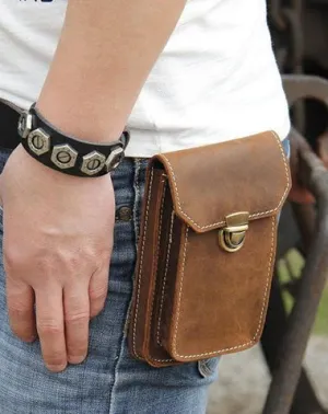 Leather Mens Belt Pouch Small Cases Waist Bag Hip Pack Belt Bag for Men Dark Brown