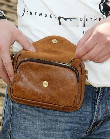 Leather Mens Belt Pouch Small Cases Waist Bags Belt Bag Shoulder Bag for Men Brown