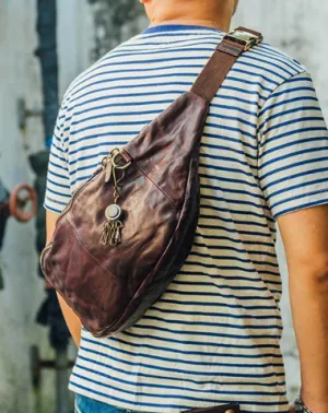 Leather Mens Cool Sling Bag Crossbody Bag Chest Bag Fanny Pack for men Coffee