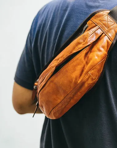 Leather Mens Cool Sling Bag Crossbody Bag Chest Bag Fanny Pack for men Tan