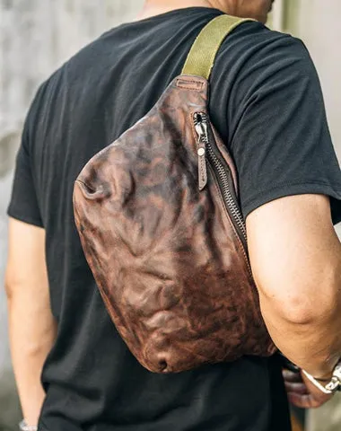 Leather Mens Cool Sling Bag Crossbody Bag Chest Bag Fanny Pack for men Coffee