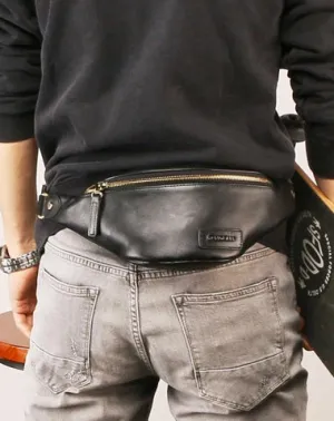 Leather Mens FANNY PACK MENS WAIST BAG HIP PACK BELT BAG FOR MEN Black