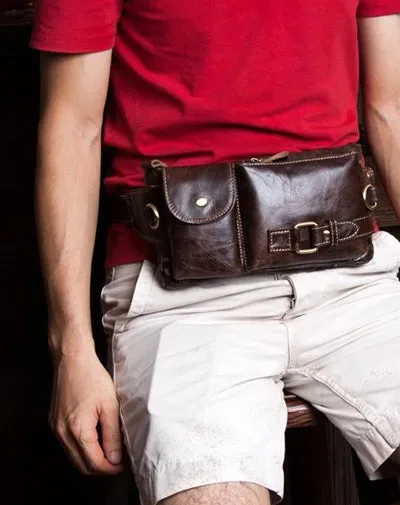 Leather Mens Fanny Pack Waist Bag Hip Pack Belt Bag Bumbag for Men Vintage Coffee