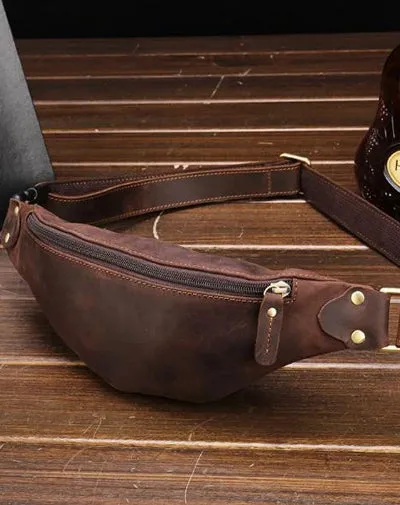Leather Mens Fanny Pack Waist Bag Hip Pack Belt Bag Bumbag for Men Vintage Coffee