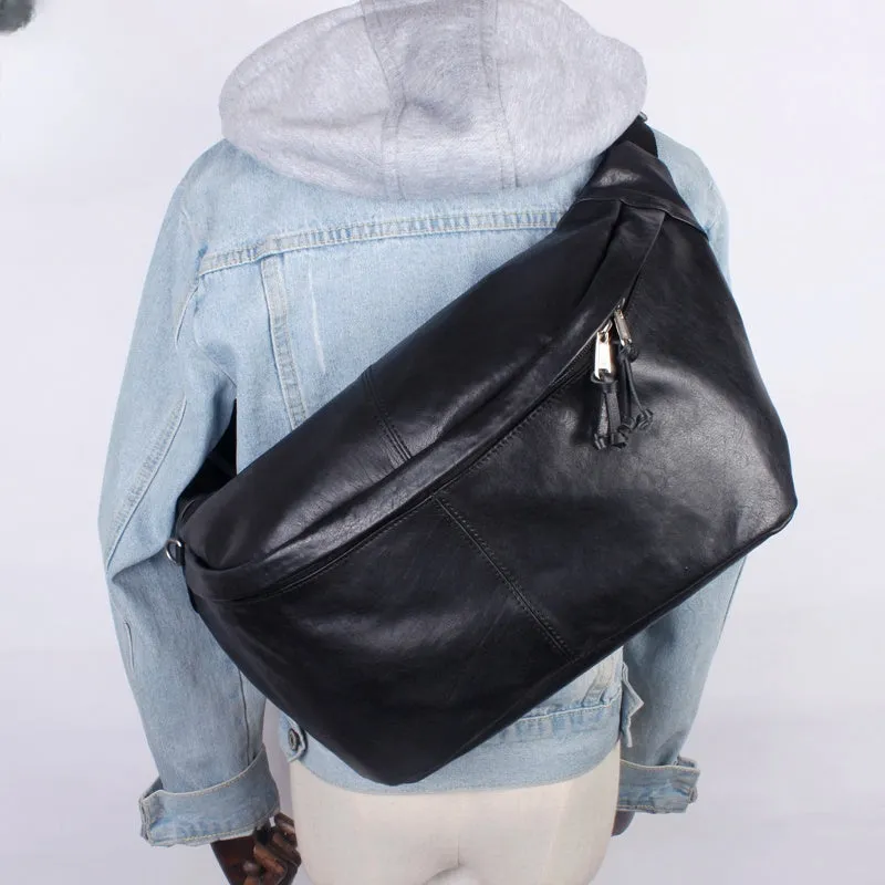 Leather Mens Large Sling Bag Black Leather Mens Big Waist Bag Fanny Pack For Big Men Black