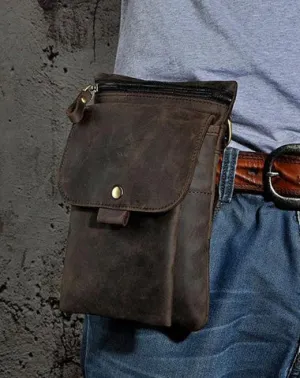 Leather Mens Small Side Bag COURIER BAG Waist Bag Holster Belt Case Belt Pouch for Men Vintage Coffee