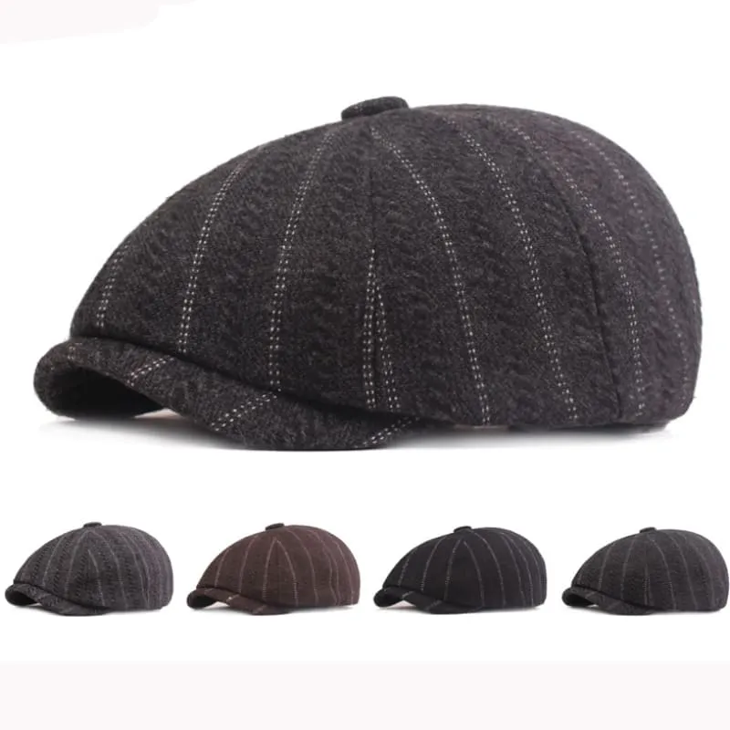 Leeds Striped Wool Newsboy Cap boater hat with bow in beach sunlight
