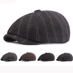 Leeds Striped Wool Newsboy Cap boater hat with bow in beach sunlight