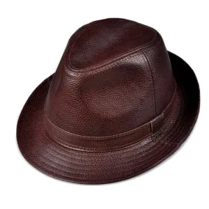 Lemont Genuine Leather Trilby Hat stylish boater hat with ribbon on model