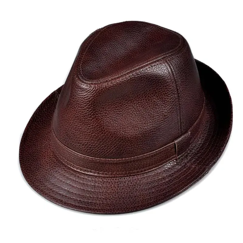 Lemont Genuine Leather Trilby Hat stylish boater hat with ribbon on model