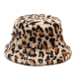 Leopard Print Fur Bucket Hat stylish boater hat with ribbon on model
