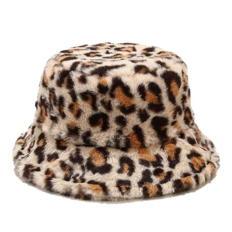 Leopard Print Fur Bucket Hat stylish boater hat with ribbon on model