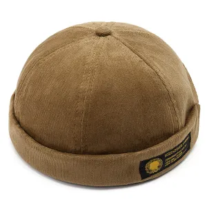 Lesov Vintage Corduroy Docker Cap stylish boater hat with ribbon on model
