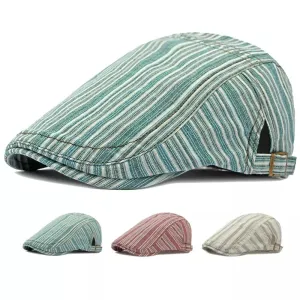 Lisbon Striped Cotton Flat Cap boater hat with bow in beach sunlight