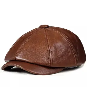 Louis Genuine Leather Newsboy Cap stylish boater hat with ribbon on model