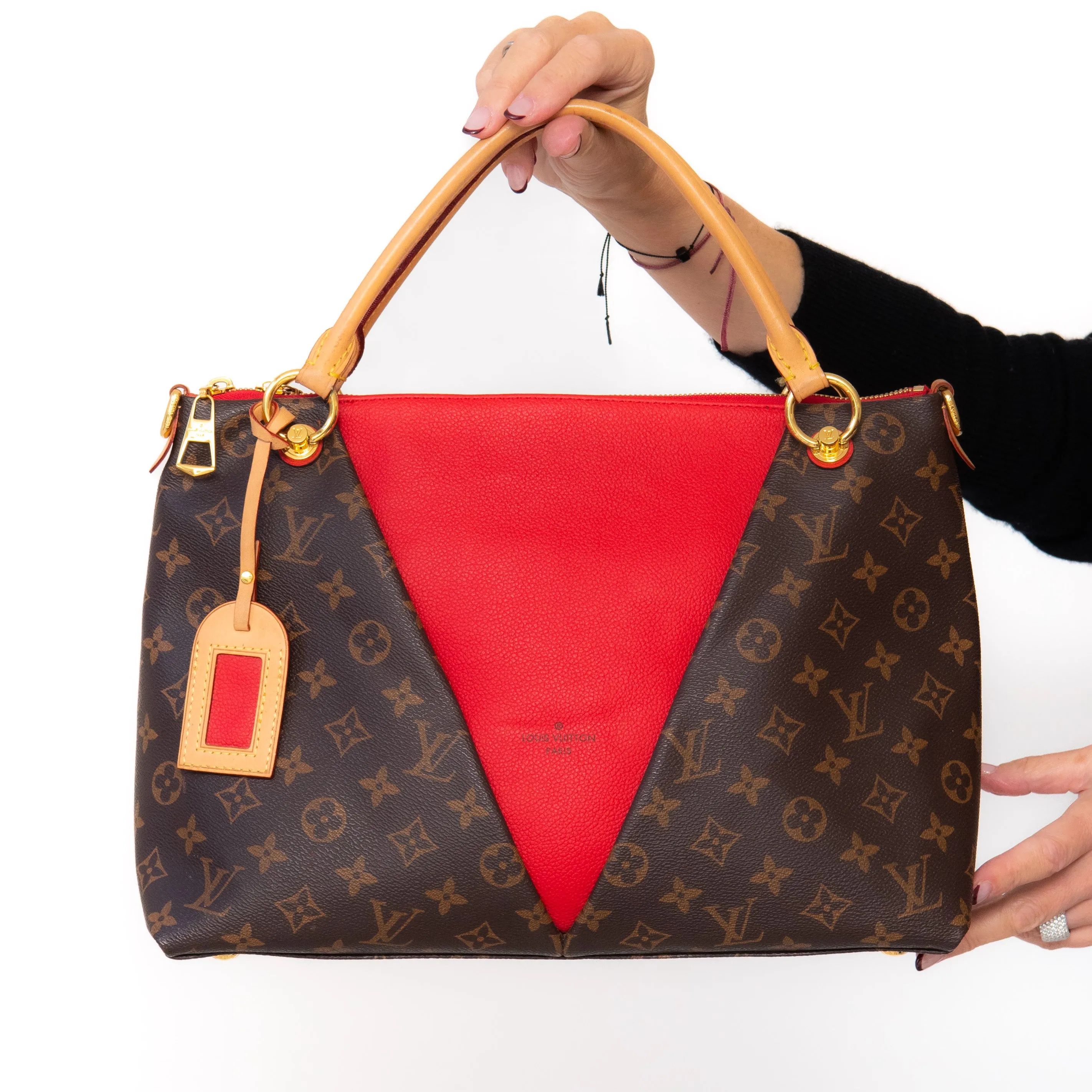 Louis Vuitton Cherry Red And Monogram Canvas and Leather V Tote Bag handbags sale 80% off