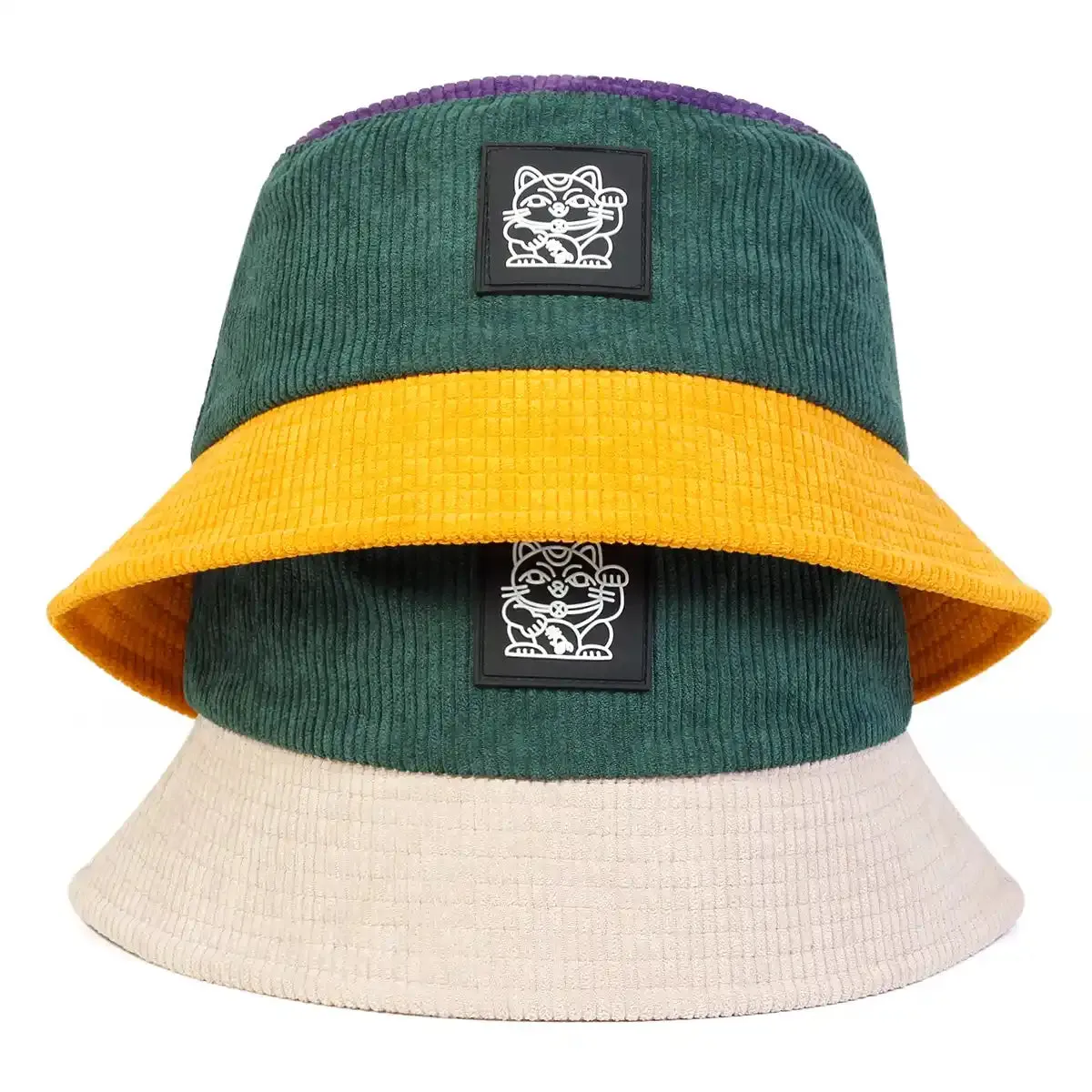 Lucky Cat Corduroy Bucket Hat boater hat with bow in beach sunlight