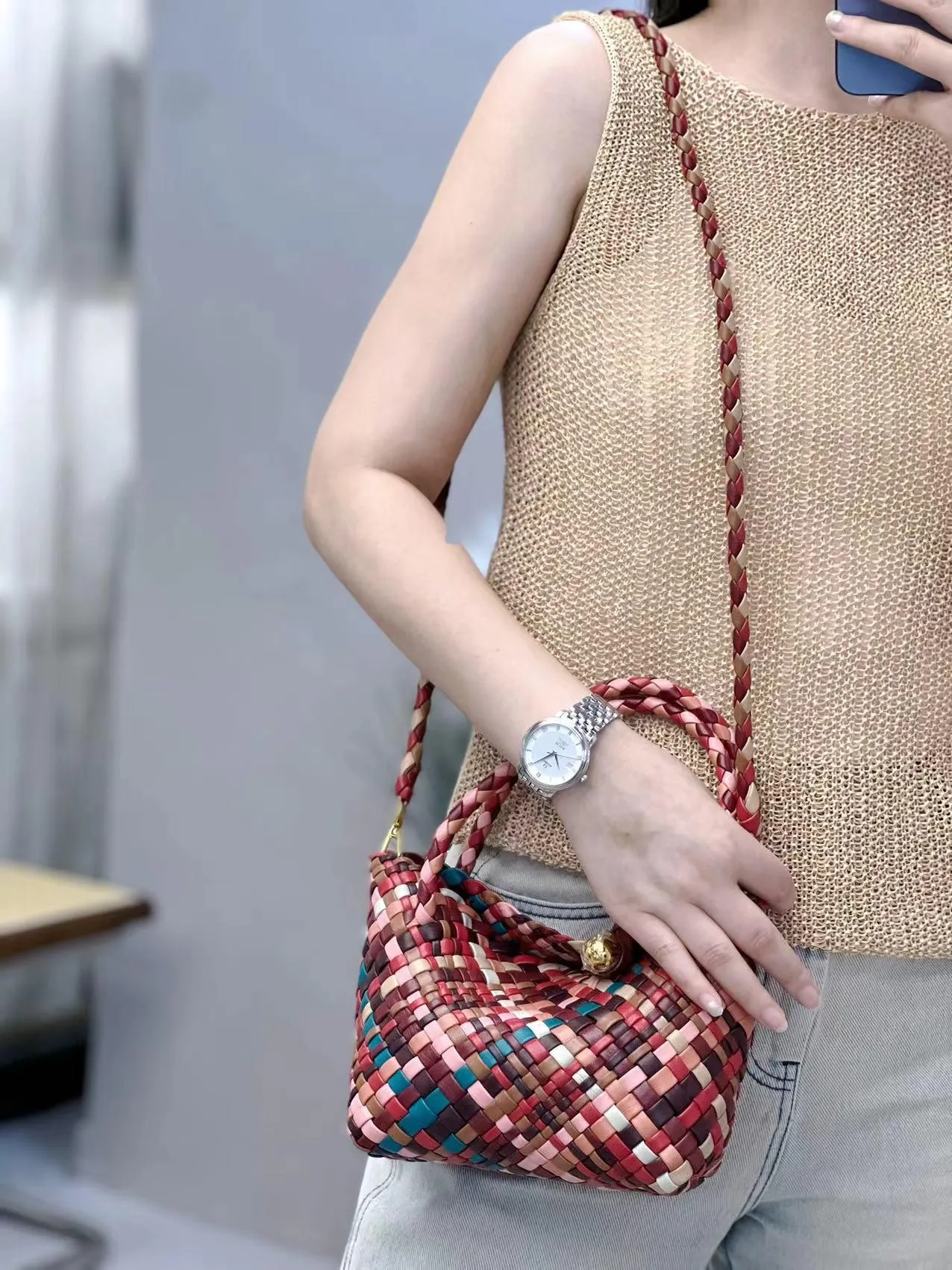 Luxury Handwoven Lambskin Leather Shoulder Bucket Bag with Sculptural Gold Sphere Closure and Double Handle Design ?C Spacious & Versatile Carryall