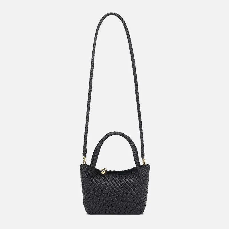 Luxury Handwoven Lambskin Leather Shoulder Bucket Bag with Sculptural Gold Sphere Closure and Double Handle Design ?C Spacious & Versatile Carryall