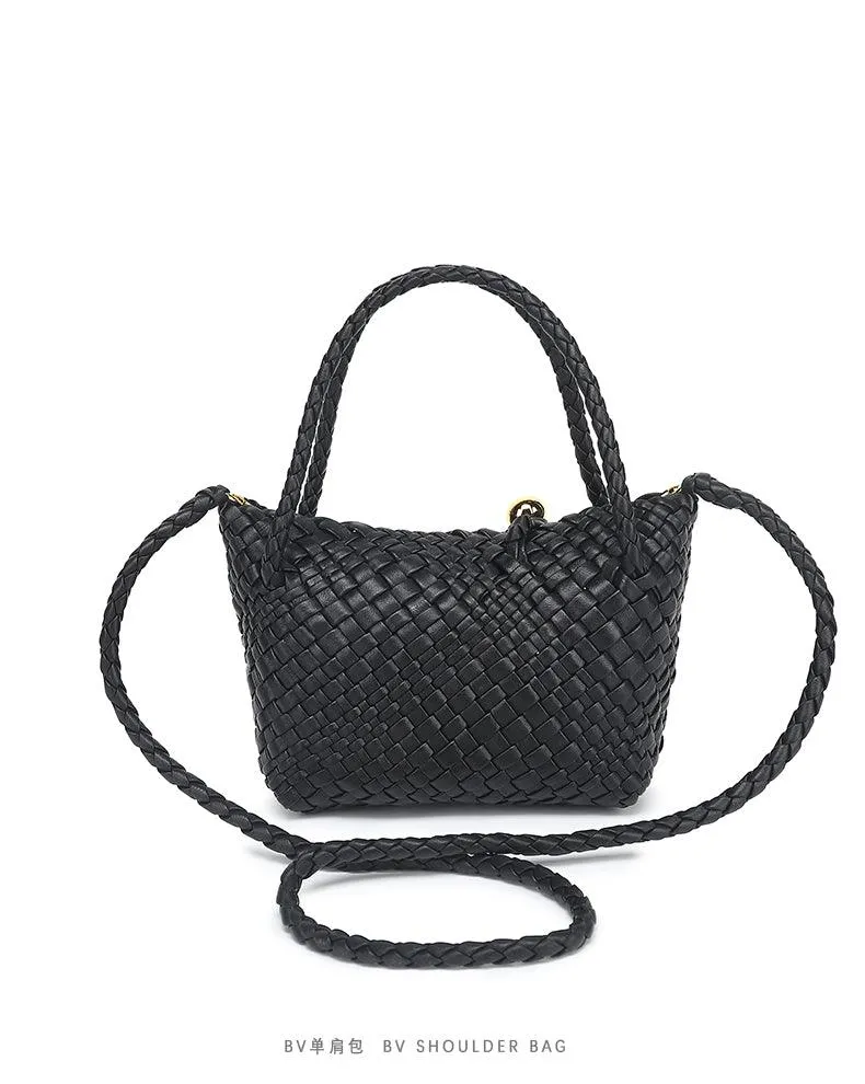 Luxury Handwoven Lambskin Leather Shoulder Bucket Bag with Sculptural Gold Sphere Closure and Double Handle Design ?C Spacious & Versatile Carryall