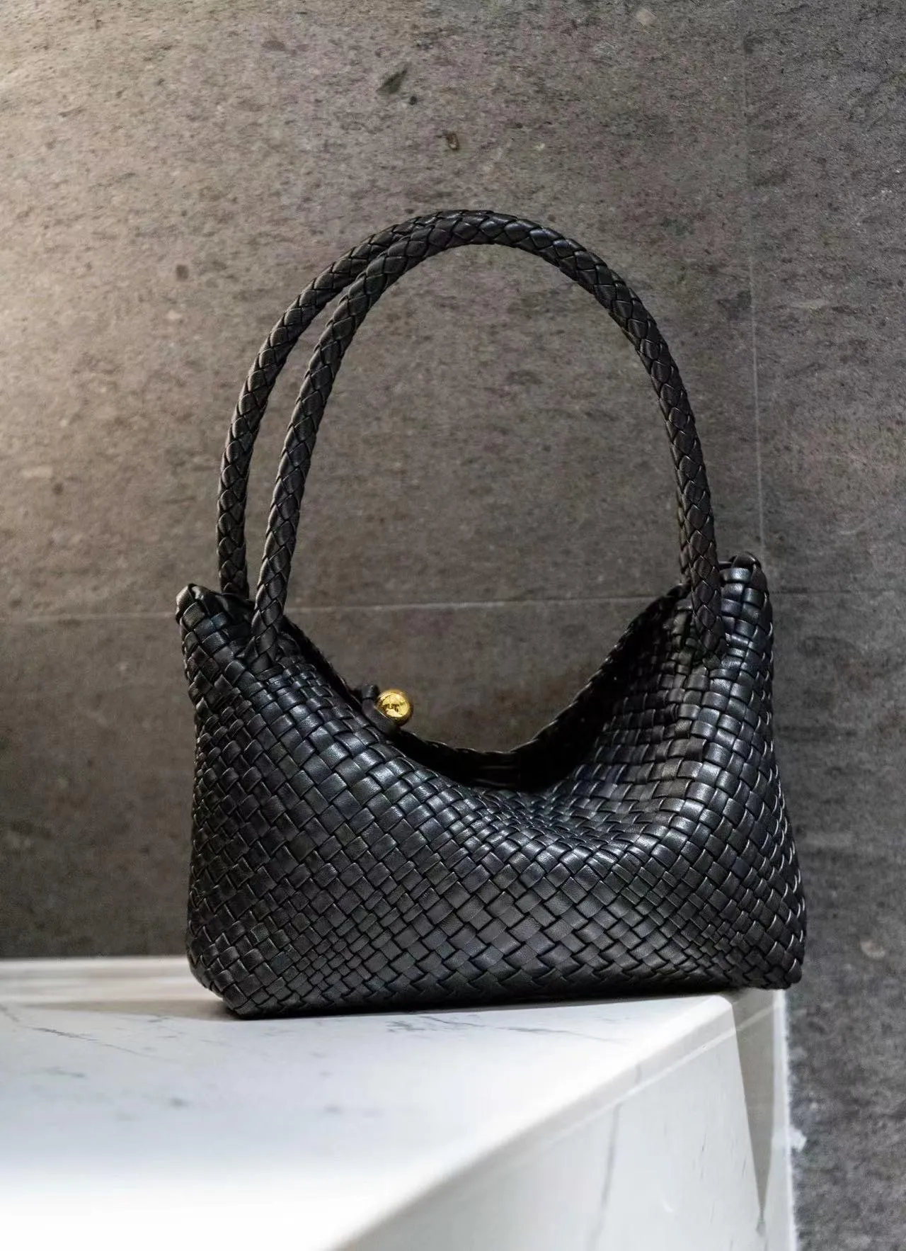 Luxury Handwoven Lambskin Leather Shoulder Bucket Bag with Sculptural Gold Sphere Closure and Double Handle Design ?C Spacious & Versatile Carryall