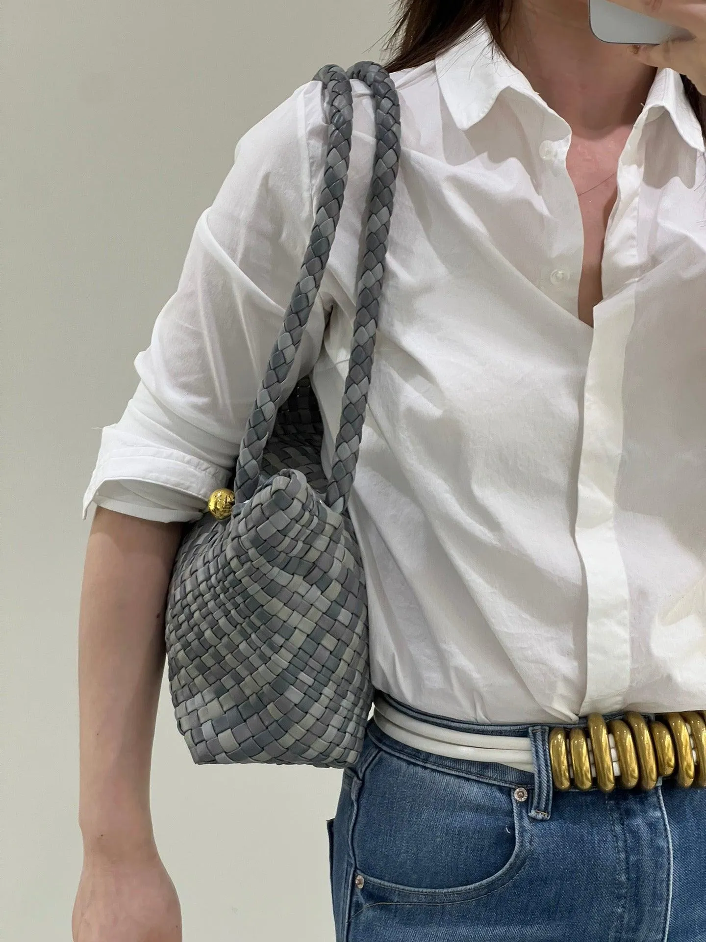 Luxury Handwoven Lambskin Leather Shoulder Bucket Bag with Sculptural Gold Sphere Closure and Double Handle Design ?C Spacious & Versatile Carryall