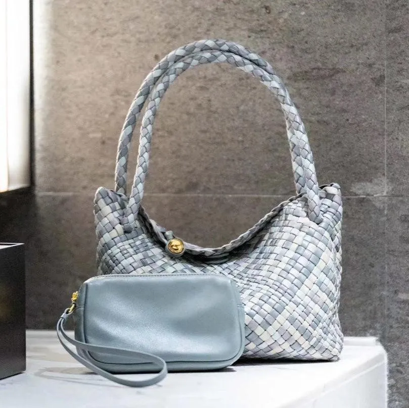 Luxury Handwoven Lambskin Leather Shoulder Bucket Bag with Sculptural Gold Sphere Closure and Double Handle Design ?C Spacious & Versatile Carryall