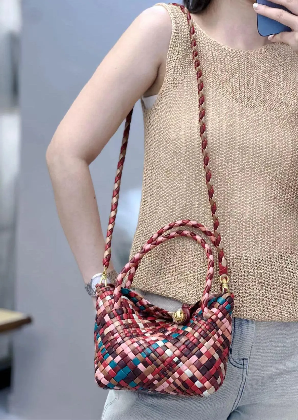 Luxury Handwoven Lambskin Leather Shoulder Bucket Bag with Sculptural Gold Sphere Closure and Double Handle Design ?C Spacious & Versatile Carryall