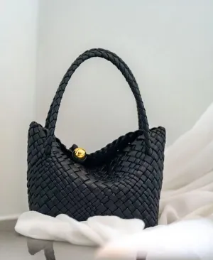 Luxury Handwoven Lambskin Leather Shoulder Bucket Bag with Sculptural Gold Sphere Closure and Double Handle Design ?C Spacious & Versatile Carryall bucket bags for sale