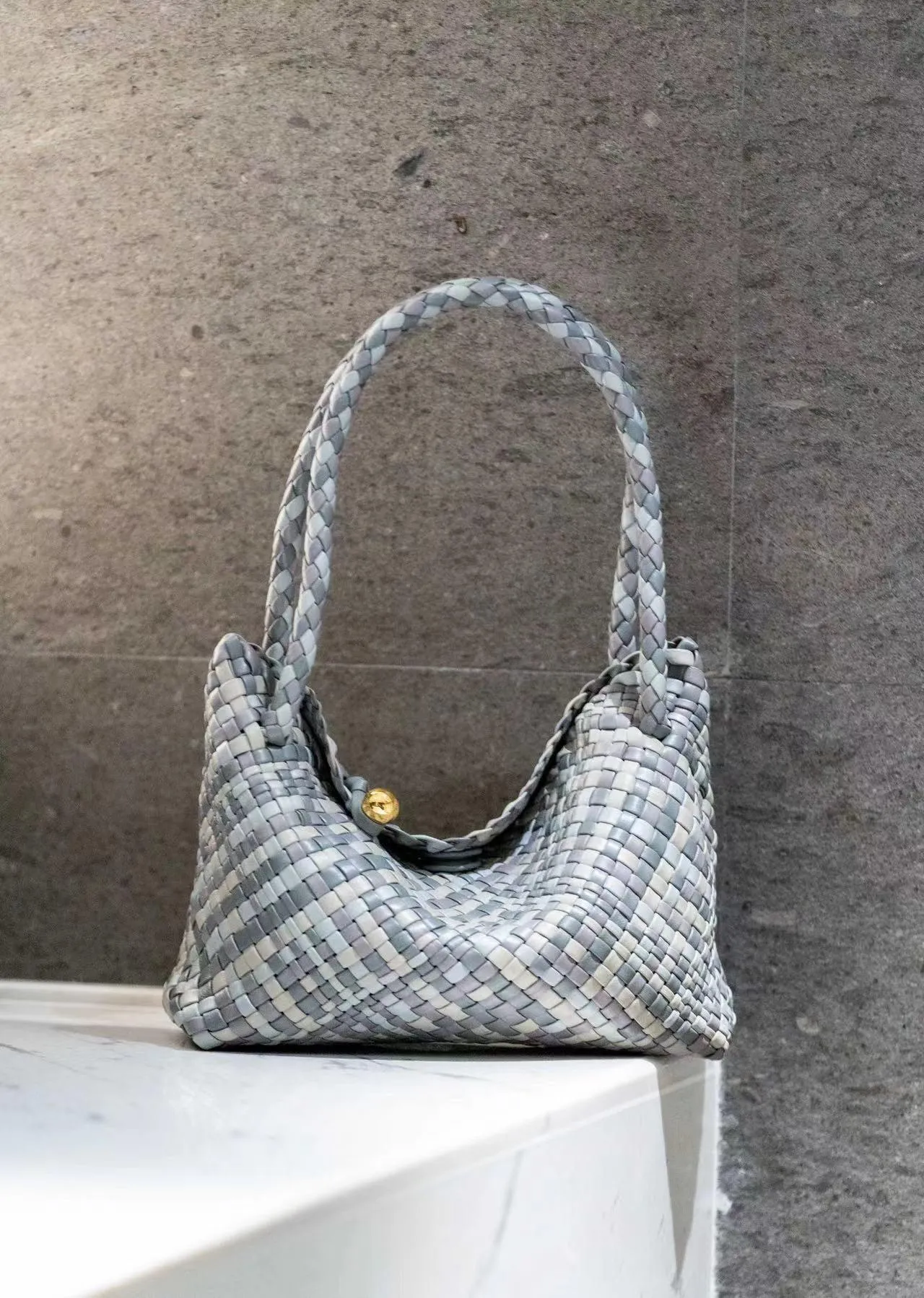 Luxury Handwoven Lambskin Leather Shoulder Bucket Bag with Sculptural Gold Sphere Closure and Double Handle Design ?C Spacious & Versatile Carryall