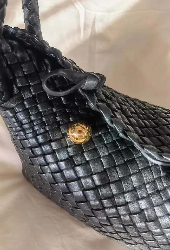 Luxury Handwoven Lambskin Leather Shoulder Bucket Bag with Sculptural Gold Sphere Closure and Double Handle Design ?C Spacious & Versatile Carryall