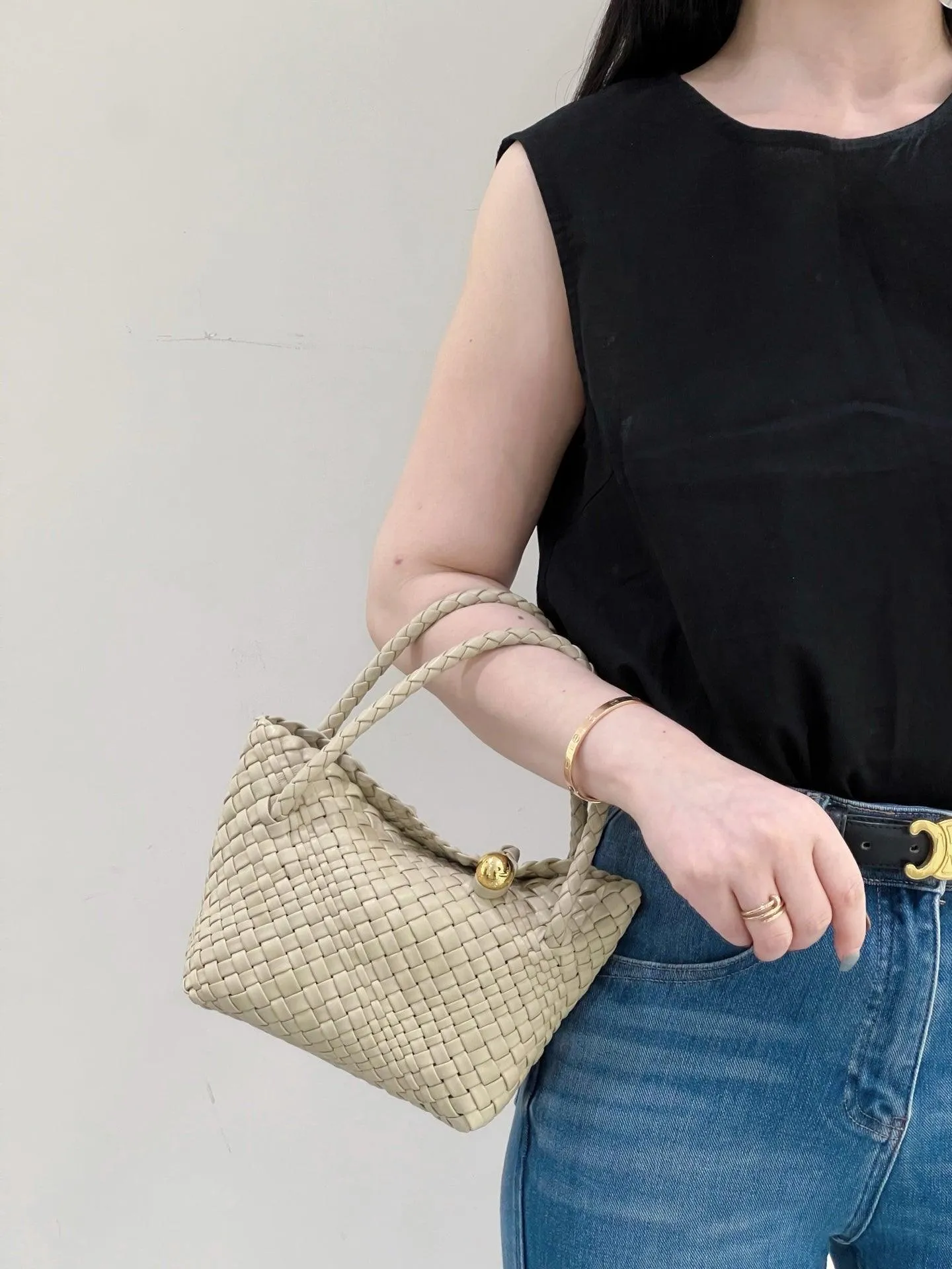 Luxury Handwoven Lambskin Leather Shoulder Bucket Bag with Sculptural Gold Sphere Closure and Double Handle Design ?C Spacious & Versatile Carryall