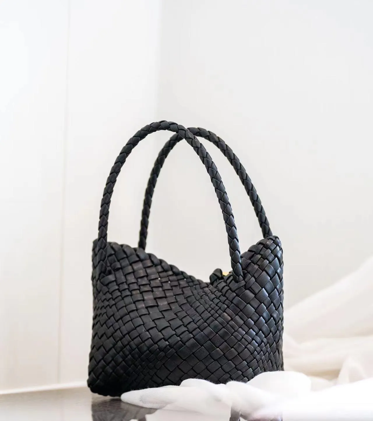 Luxury Handwoven Lambskin Leather Shoulder Bucket Bag with Sculptural Gold Sphere Closure and Double Handle Design ?C Spacious & Versatile Carryall