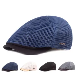 Macouri Mesh Flat Cap stylish boater hat with ribbon on model
