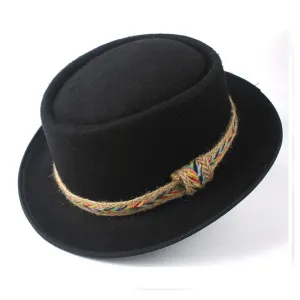 Manaos Plain Wool Porkpie Hat stylish boater hat with ribbon on model