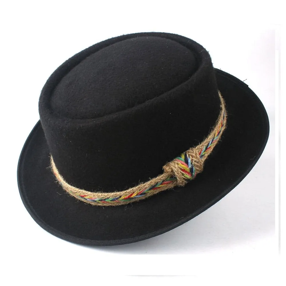Manaos Plain Wool Porkpie Hat stylish boater hat with ribbon on model