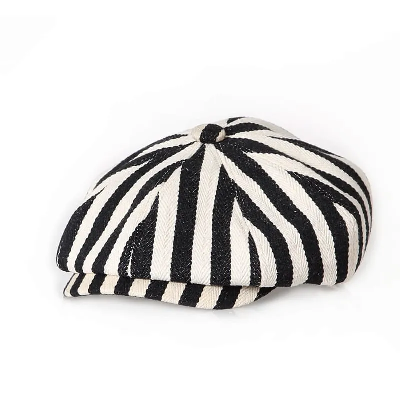 Marbella Striped Newsboy Cap stylish boater hat with ribbon on model