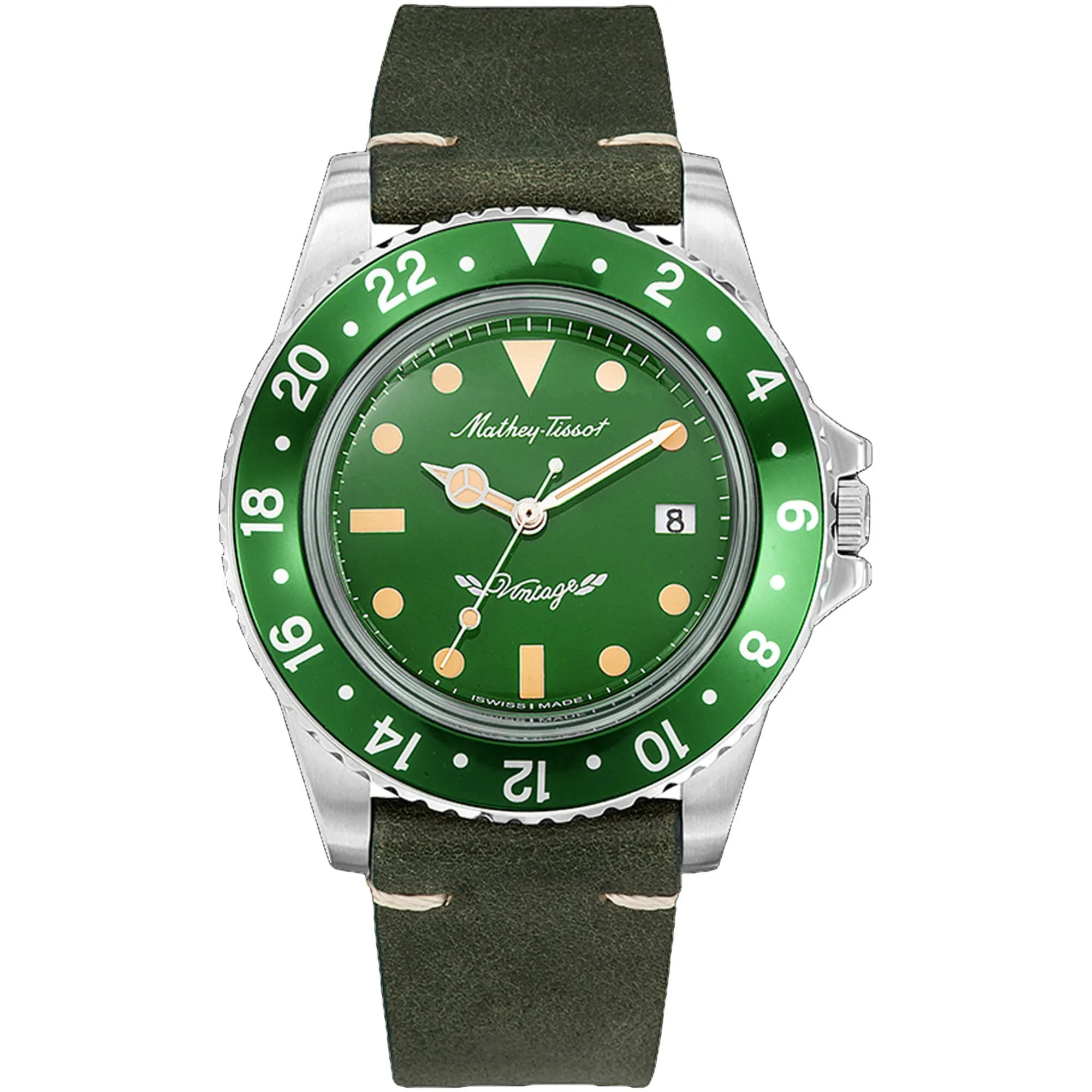 Mathey Tissot Men's Watch - Vintage Rotating Bezel Green Dial Leather Strap | H900ALV 